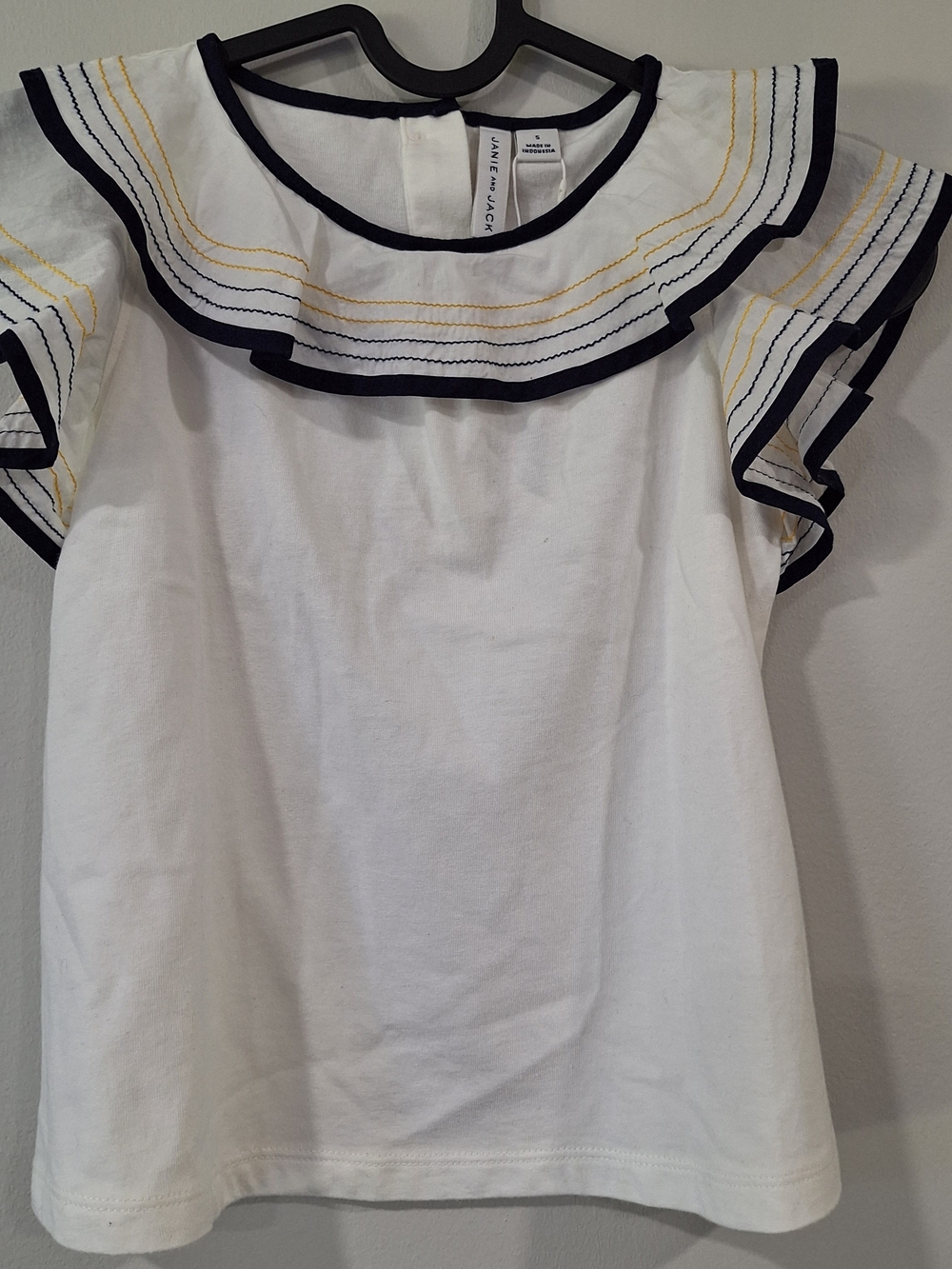 Janie and Jack White Cotton Ruffle Top with Navy and Gold Trim